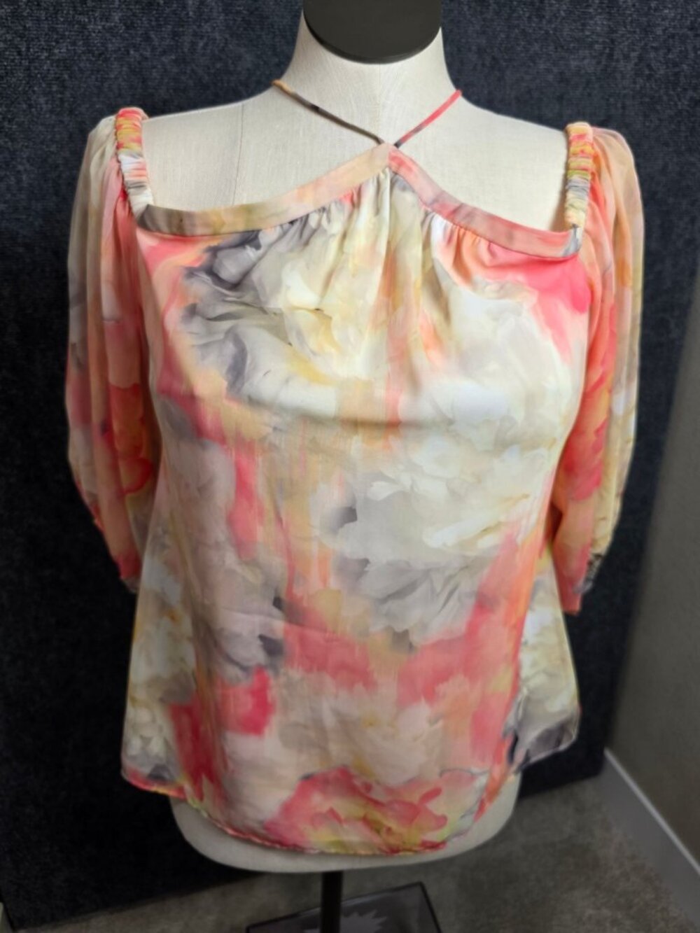 White House Black Market Floral Off-Shoulder Chiffon Blouse M Pink Yellow